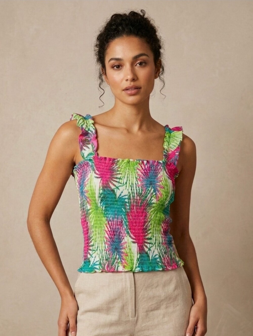 Rose & Olive Pink Green Tropical Smocked Tank